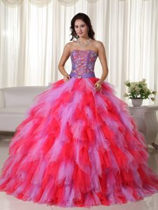 Fashionable Appliqued Tulle Lace-up Long Sweet Sixteen Dress in Multi-color