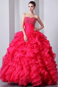 Beautiful Beaded and Ruffled Lace-up Organza Sweet 15 Dress in Coral Red