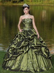 Discount Strapless Ruched and Beaded Quinceanera Dresses in Olive Green