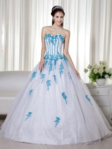 A-line Sweetheart White and Aqua Appliques Clearance Quinceanera Dress