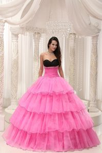 Ruffled Layers Black and Pink Sweetheart Quinceanera Dress with Beading
