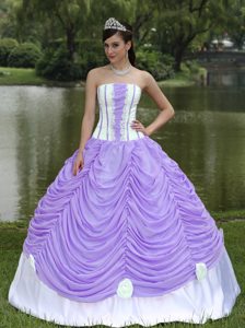 Lavender and White Ruffled Strapless Quinceanera Dress with Handle Flowers