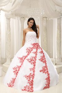 White and Red Strapless Beading and Appliques Quinceanera Ball Gown