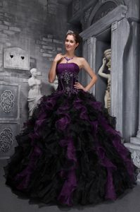 Strapless Ball Gown Black and Purple Ruffled Quinceanera Dress Appliqued