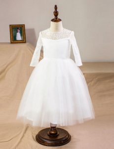 Customized Scoop Lace Toddler Flower Girl Dress White Clasp Handle Half Sleeves Floor Length