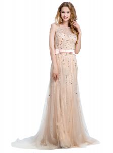 Scoop With Train Column/Sheath Sleeveless Champagne Prom Evening Gown Brush Train Backless