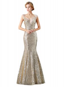 Sequins Mermaid Prom Dress Champagne V-neck Sequined Sleeveless Floor Length Zipper