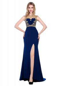 High-neck Sleeveless Prom Dress With Train Sweep Train Beading and Appliques Navy Blue Silk Like Satin
