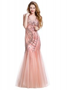 Fashionable Peach Mermaid Tulle V-neck Sleeveless Beading Floor Length Lace Up Prom Party Dress