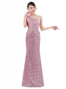 Vintage One Shoulder Pink Sleeveless Floor Length Sequins Zipper Evening Dress