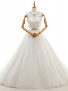 Colorful Scoop White Clasp Handle Wedding Dresses Beading and Lace Sleeveless With Brush Train