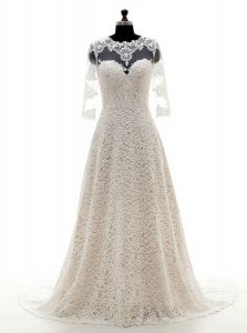 Exceptional Scoop Champagne Clasp Handle Wedding Dresses Lace 3 4 Length Sleeve With Train Court Train