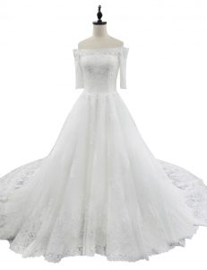 Lace With Train White Wedding Dress Off The Shoulder Half Sleeves Chapel Train Zipper