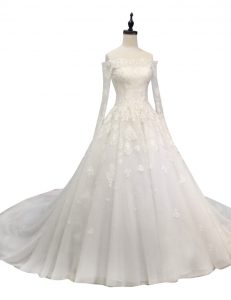 Exceptional White A-line Tulle Off The Shoulder Long Sleeves Lace and Appliques With Train Zipper Wedding Dresses Chapel
