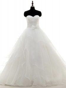 Sweet White Satin and Organza Zipper Wedding Gown Long Sleeves With Train Sweep Train Pick Ups