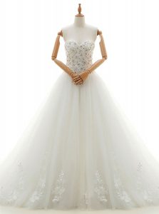 Designer White Tulle Lace Up Wedding Gown Sleeveless With Train Chapel Train Beading and Appliques