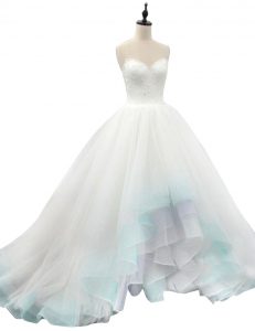 Ideal Sleeveless Organza High Low Lace Up Wedding Gown in Multi-color with Beading and Appliques