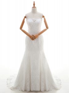 Brush Train Mermaid Wedding Gowns White Scalloped Lace Sleeveless With Train Lace Up