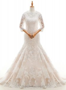 Stylish Mermaid High-neck 3 4 Length Sleeve Wedding Dress With Train Court Train Lace and Ruffled Layers White Lace