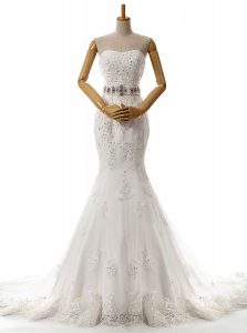 Popular Mermaid With Train White Wedding Gown Lace Brush Train Sleeveless Beading and Lace and Appliques