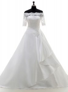 Super Off the Shoulder Clasp Handle Satin Half Sleeves With Train Wedding Dress Brush Train and Lace