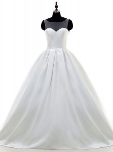Satin Sleeveless With Train Wedding Gown Sweep Train and Lace and Appliques