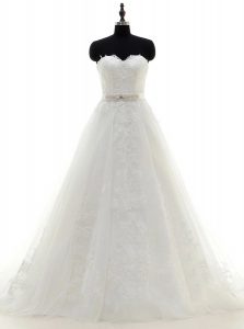 High End Sweetheart Sleeveless Wedding Gowns With Brush Train Sashes ribbons White Satin and Lace