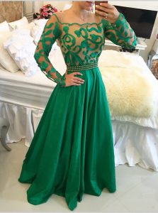 High End Green A-line Taffeta Scoop Long Sleeves Beading and Appliques Floor Length Side Zipper Prom Gown