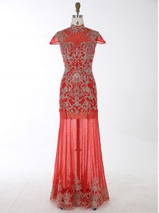 Mermaid Backless High-neck Cap Sleeves Prom Dress Floor Length Beading and Appliques Red Chiffon