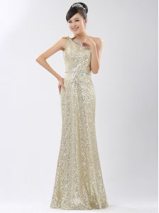 One Shoulder Sequined Sleeveless Floor Length Prom Dress and Sequins