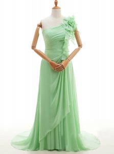 New Arrival One Shoulder Sleeveless With Train Ruffles and Hand Made Flower Lace Up Formal Dresses with Green Sweep Trai