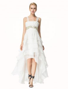 Fantastic Sleeveless Organza High Low Lace Up Evening Dress in White with Beading