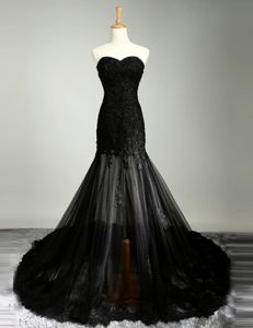 New Style Black Mermaid Sweetheart Sleeveless Tulle With Brush Train Zipper Lace Prom Dress
