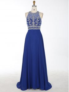 Pretty Royal Blue Prom and Party and For with Beading Scoop Sleeveless Brush Train Criss Cross
