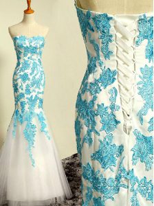 Nice Mermaid Sweetheart Sleeveless Celebrity Prom Dress Floor Length Appliques Blue and Blue And White Tulle