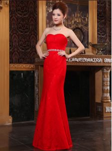 Red Mermaid Sweetheart Sleeveless Lace Floor Length Zipper Beading Evening Dress