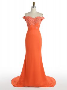 Beautiful Mermaid Off the Shoulder Orange Sleeveless Satin Sweep Train Zipper Prom Dresses for Prom and Wedding Party