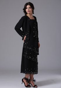 Beaded and Ruffled Mother of the Bride Dresses in Black with Tea-length