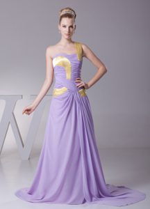 Lavender One Shoulder Ruched Mother of the Bride Dress with Brush Train