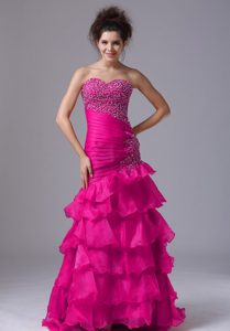 Hot Pink Sweetheart Brush Train Ruched Prom Dresses with Beading and Ruffles