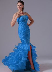 Sky Blue Strapless Ruched Long Mermaid Beaded Prom Dress with Ruffles