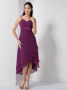 Dark Purple High-low Chiffon Informal Prom Dresses with Spaghetti Straps
