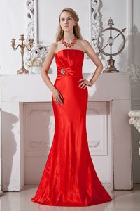 Fitted Red Strapless Prom Gown with Ruche and Beading in Taffeta