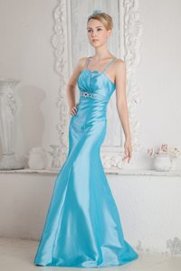 Aqua Blue Mermaid Straps Satin Prom Gown with Beading and Brush Train