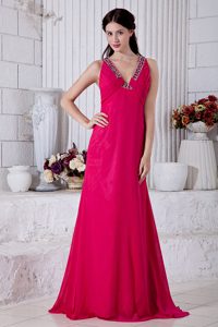 V-neck Brush Train Chiffon Ruched Charming Prom Party Dress in Hot Pink