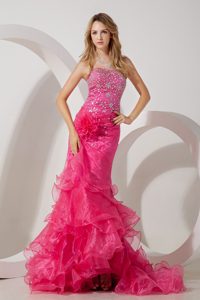 Memorable Hot Pink Mermaid Strapless Prom Evening Dresses with Ruffles