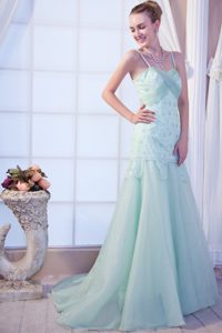 Attractive Spaghetti Prom Formal Dresses in Apple Green with Brush Train
