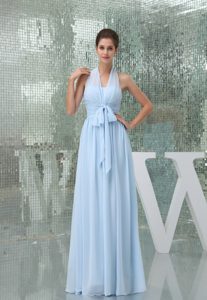 Discount Light Blue Halter Top Ruched Dresses for Prom Princess with Sash