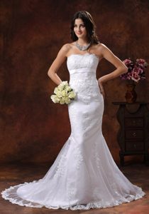 Mermaid Strapless Brush Train Wedding Gowns with Embroidery and Belt