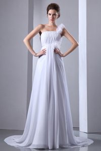 One Shoulder Court Train Chiffon Wedding Gown Dress with Ruching on Sale